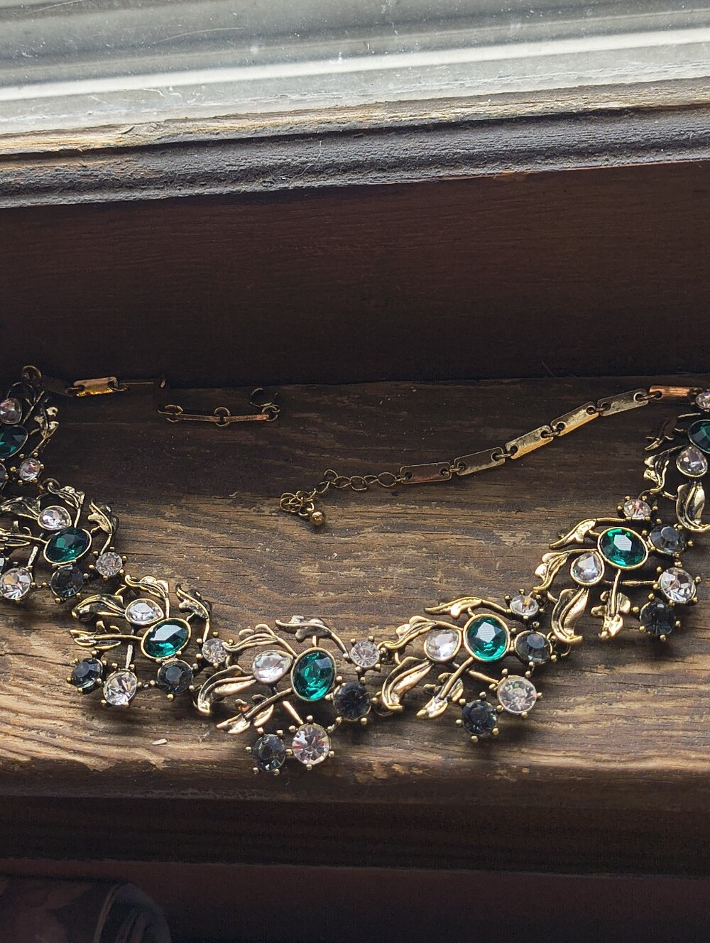Vintage Style Green (Dark & Light) & Clear Rhinestone Bib  Necklace Gold Tone